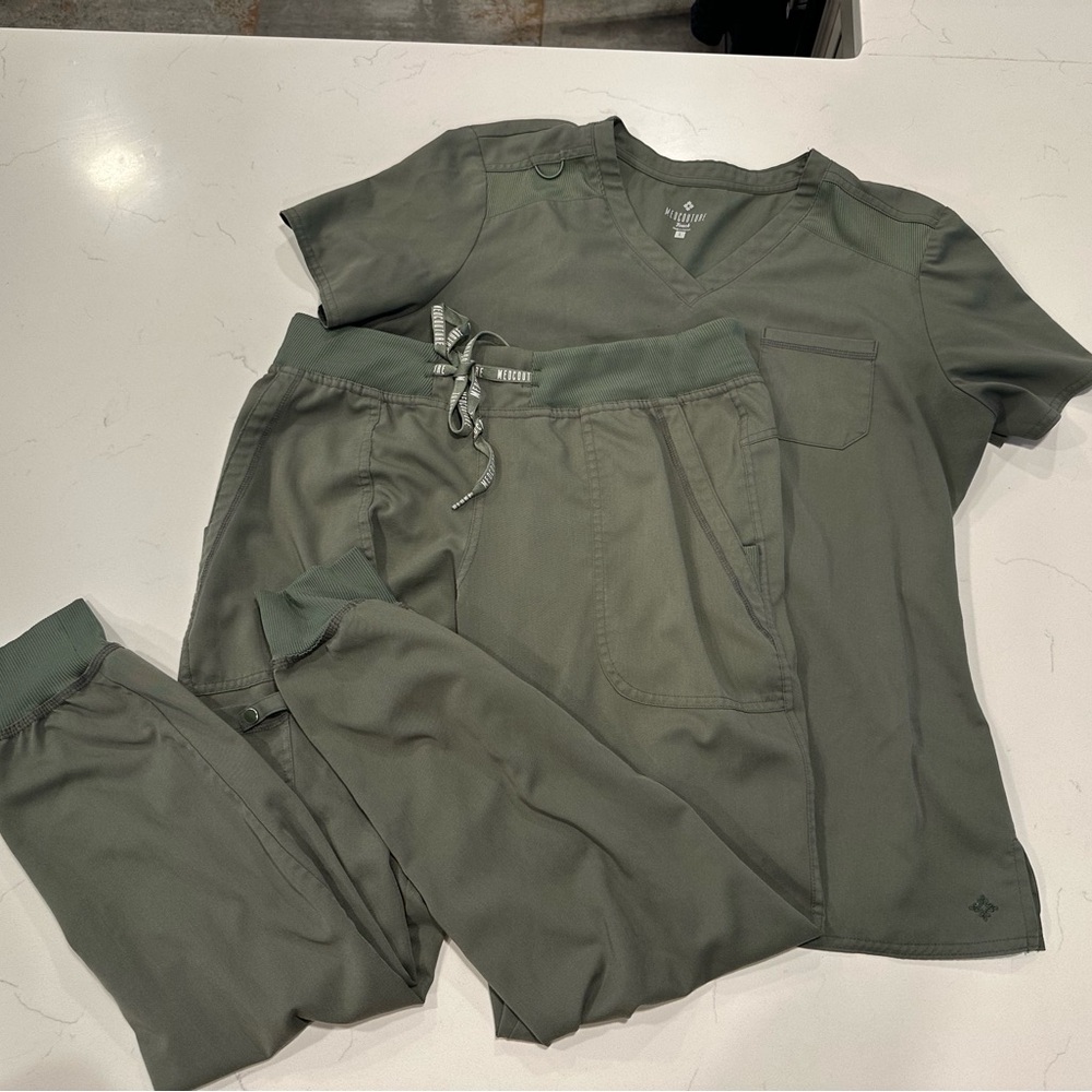 Women’s olive green Medcouture scrubs- top: L, bottoms: M